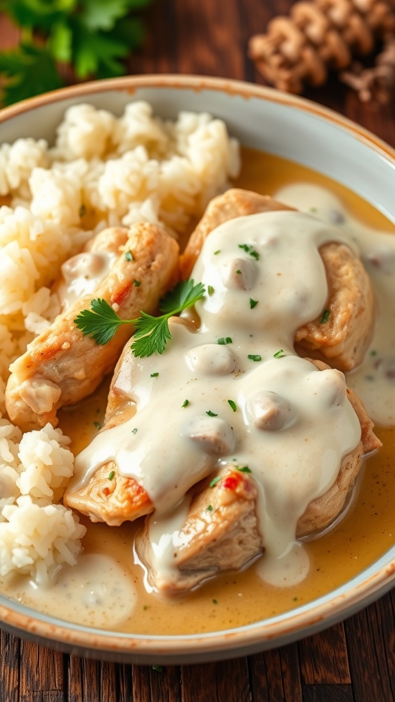 Creamy braised chicken in a rich sauce served with rice, garnished with parsley on a wooden table.